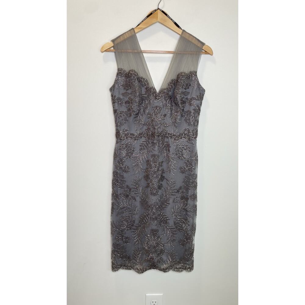 Tadashi Shoji Gray Beaded V-Neck Midi Dress